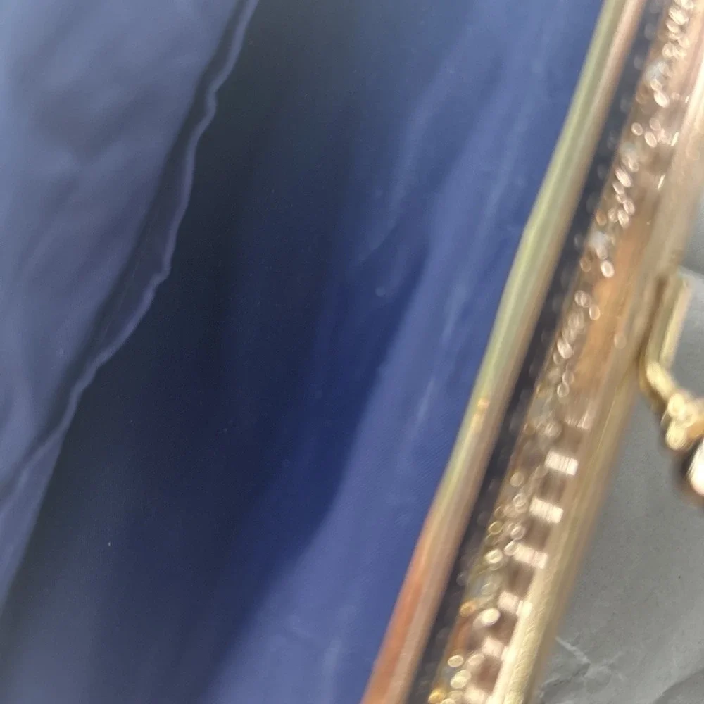 Iridescent Beaded Evening Clutch Bag Gold Tone Frame Chain Strap Navy Blue